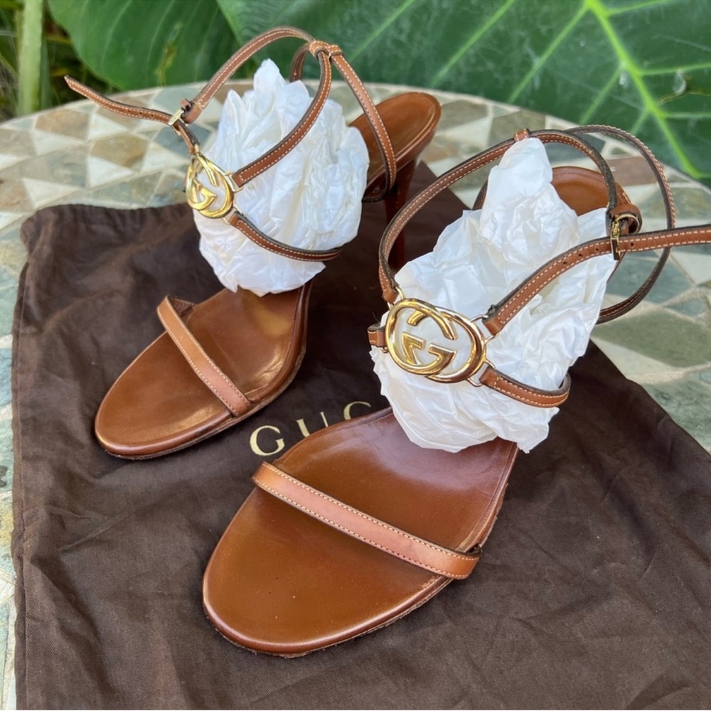 SOLD Gucci Tom Ford vintage gg y2k sandal heels logo brown leather - Picture 5 of 6